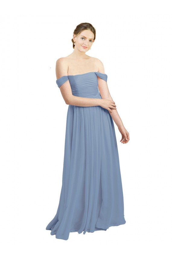 Mejores Azul polvoriento línea A Hombros Descubiertos Gasa Largo Vestidos de dama de honor