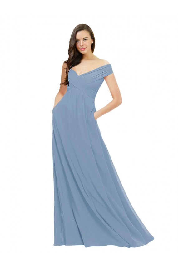 Mejores Azul polvoriento línea A Hombros Descubiertos Gasa Largo Vestidos de dama de honor