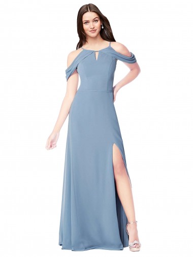 Mejores Azul polvoriento línea A Hombros Descubiertos Gasa Largo Vestidos de dama de honor
