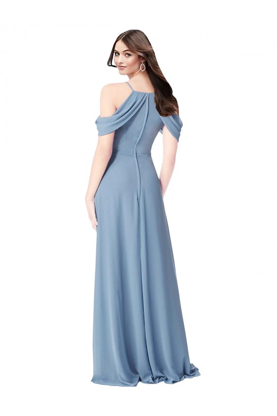 Mejores Azul polvoriento línea A Hombros Descubiertos Gasa Largo Vestidos de dama de honor