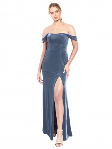Mejores Azul polvoriento línea A Hombros Descubiertos Sin tirantes Terciopelo Elástico Largo Vestidos de dama de honor / Vestidos de fiesta