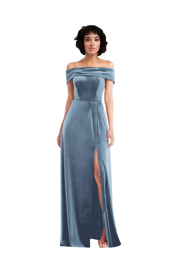 Mejores Azul polvoriento línea A Hombros Descubiertos Terciopelo Elástico Largo Vestidos de dama de honor / Vestidos de fiesta