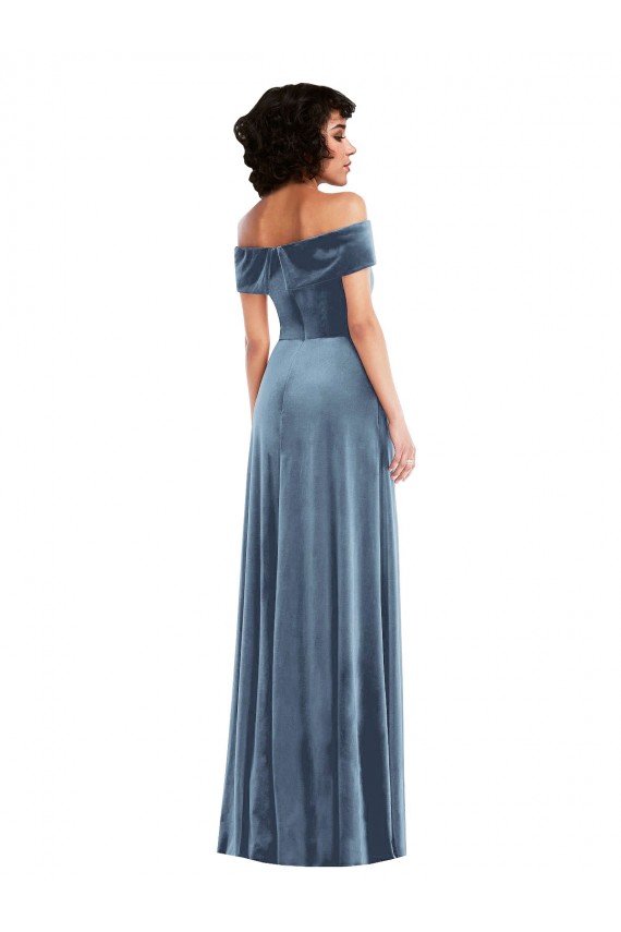 Mejores Azul polvoriento línea A Hombros Descubiertos Terciopelo Elástico Largo Vestidos de dama de honor / Vestidos de fiesta