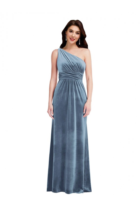 Mejores Azul polvoriento línea A Hombros Descubiertos Terciopelo Elástico Largo Vestidos de dama de honor / Vestidos de fiesta