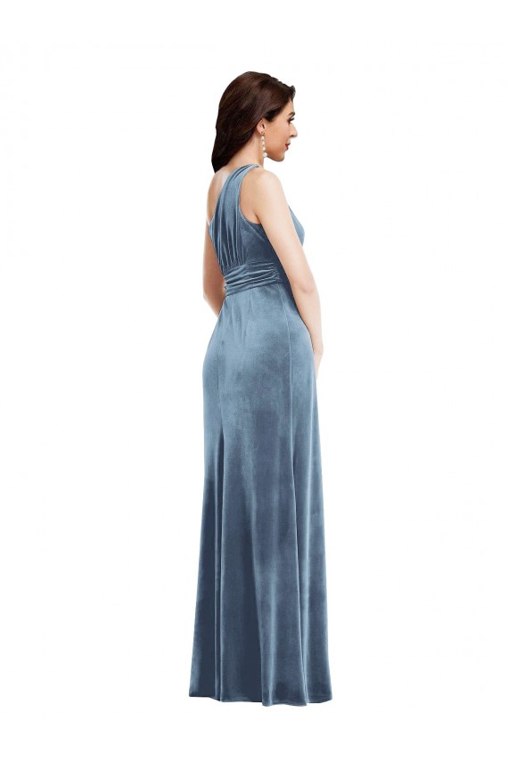 Mejores Azul polvoriento línea A Hombros Descubiertos Terciopelo Elástico Largo Vestidos de dama de honor / Vestidos de fiesta