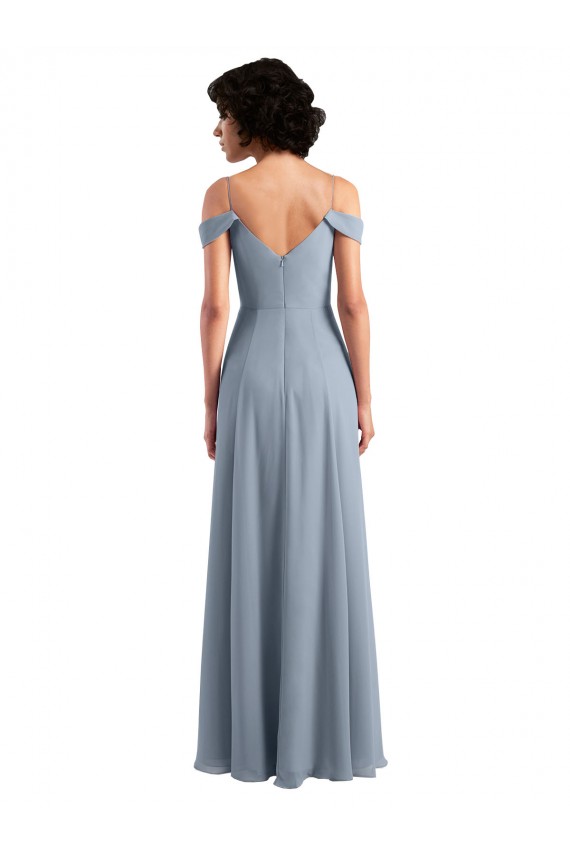Mejores Azul polvoriento línea A Hombros Descubiertos Tirantes espagueti Gasa Largo Vestidos de dama de honor