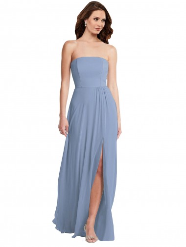 Mejores Azul polvoriento línea A Sin tirantes Gasa Largo Vestidos de dama de honor