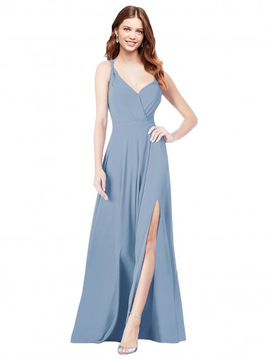 Mejores Azul polvoriento línea A Tirantes espagueti Cuello en V Gasa Largo Vestidos de dama de honor