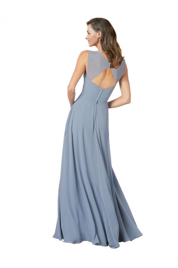 Mejores Azul polvoriento línea A Tirantes espagueti Cuello en V Gasa Largo Vestidos de dama de honor
