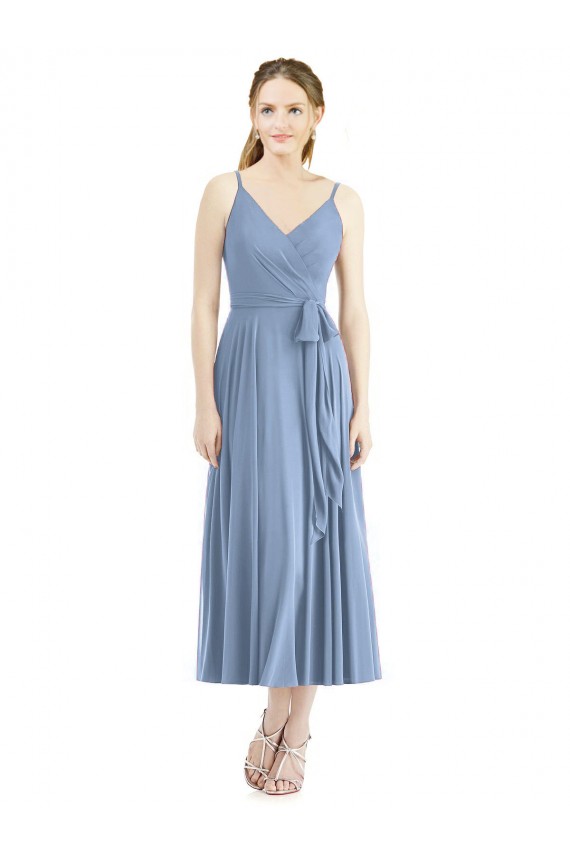 Mejores Azul polvoriento línea A Tirantes espagueti Gasa Corto Vestidos de dama de honor