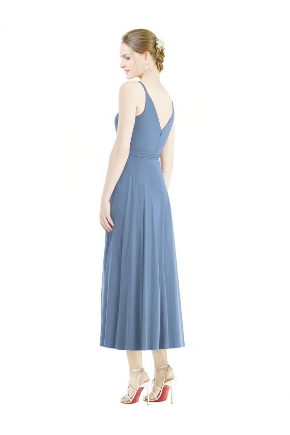 Mejores Azul polvoriento línea A Tirantes espagueti Gasa Corto Vestidos de dama de honor