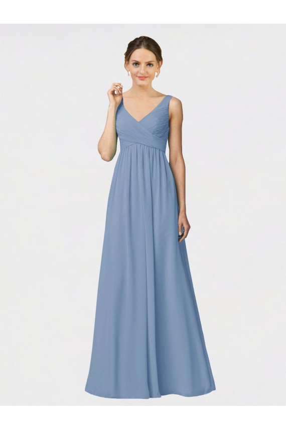 Mejores Azul polvoriento línea A Tirantes espagueti Gasa Largo Vestidos de dama de honor