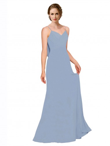 Mejores Azul polvoriento línea A Tirantes espagueti Gasa Largo Vestidos de dama de honor