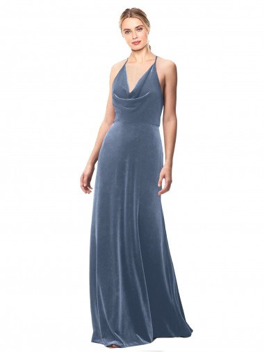 Mejores Azul polvoriento línea A Tirantes espagueti Halter Terciopelo Elástico Largo Vestidos de dama de honor / Vestidos de fiesta