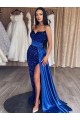 Mejores Azul real Cubierta Cuello de Corazón Barrer tren Lentejuelas Terciopelo Largo Vestidos de fiesta