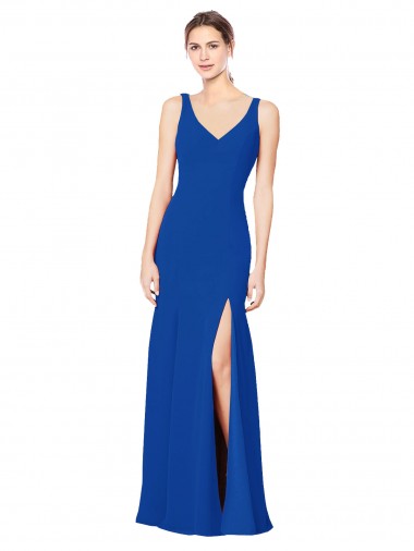 Mejores Azul real Cubierta Cuello de Corazón Gasa Largo Vestidos de dama de honor