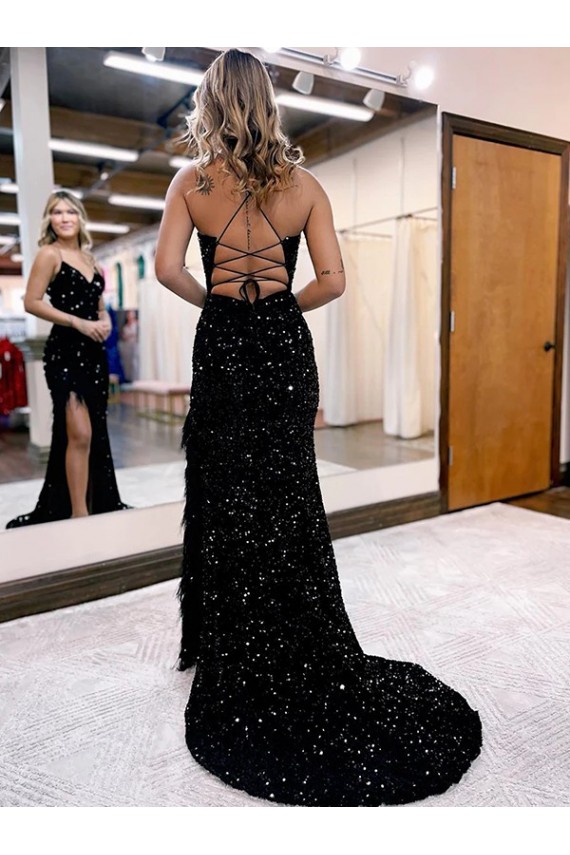 Mejores Azul real Cubierta Cuello en V Barrer tren Lentejuelas Terciopelo Largo Vestidos de fiesta