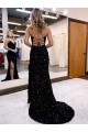 Mejores Azul real Cubierta Cuello en V Barrer tren Lentejuelas Terciopelo Largo Vestidos de fiesta