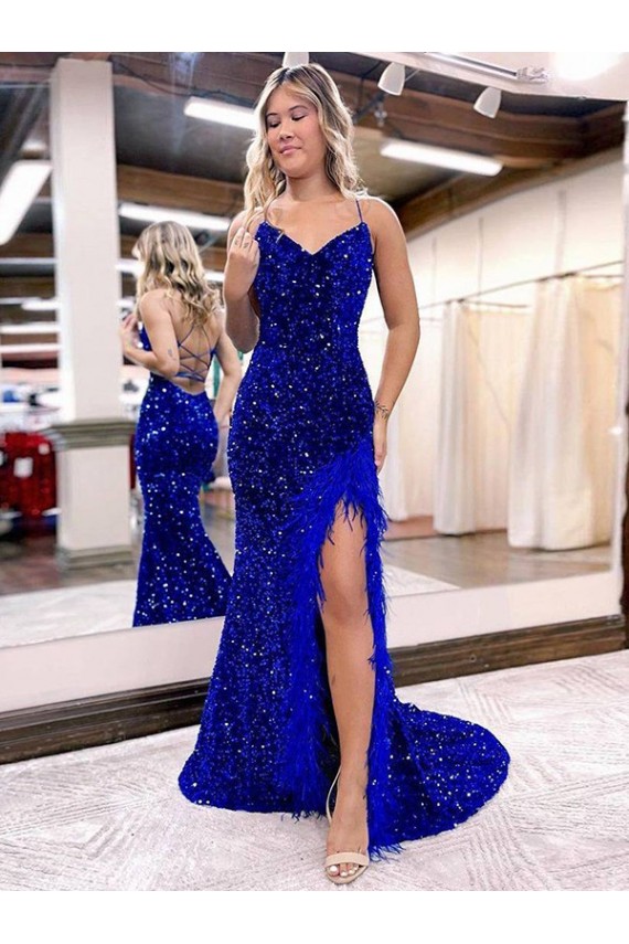 Mejores Azul real Cubierta Cuello en V Barrer tren Lentejuelas Terciopelo Largo Vestidos de fiesta