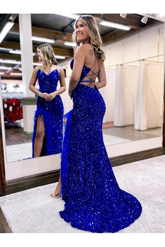 Mejores Azul real Cubierta Cuello en V Barrer tren Lentejuelas Terciopelo Largo Vestidos de fiesta
