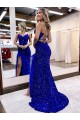 Mejores Azul real Cubierta Cuello en V Barrer tren Lentejuelas Terciopelo Largo Vestidos de fiesta