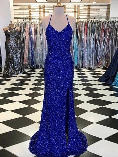 Mejores Azul real Cubierta Cuello en V Barrer tren Lentejuelas Terciopelo Largo Vestidos de fiesta