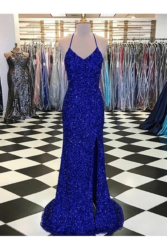 Mejores Azul real Cubierta Cuello en V Barrer tren Lentejuelas Terciopelo Largo Vestidos de fiesta
