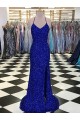 Mejores Azul real Cubierta Cuello en V Barrer tren Lentejuelas Terciopelo Largo Vestidos de fiesta