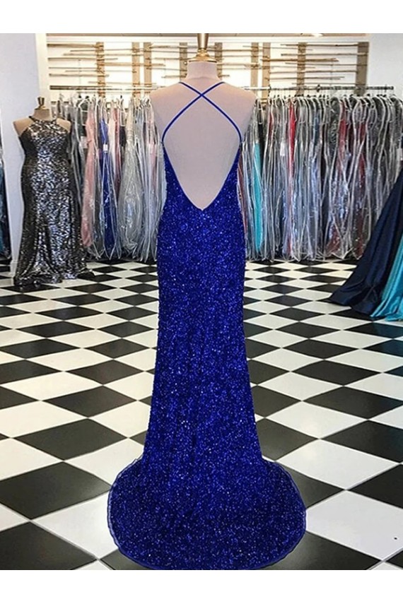 Mejores Azul real Cubierta Cuello en V Barrer tren Lentejuelas Terciopelo Largo Vestidos de fiesta