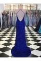 Mejores Azul real Cubierta Cuello en V Barrer tren Lentejuelas Terciopelo Largo Vestidos de fiesta