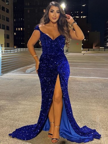 Mejores Azul real Cubierta Cuello en V Barrer tren Lentejuelas Terciopelo Largo Vestidos de fiesta