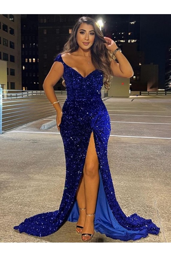 Mejores Azul real Cubierta Cuello en V Barrer tren Lentejuelas Terciopelo Largo Vestidos de fiesta