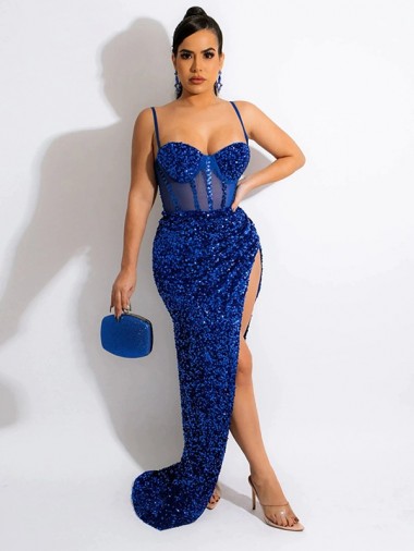 Mejores Azul real Cubierta Tirantes espagueti Barrer tren Lentejuelas Terciopelo Largo Vestidos de fiesta