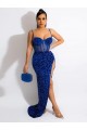 Mejores Azul real Cubierta Tirantes espagueti Barrer tren Lentejuelas Terciopelo Largo Vestidos de fiesta