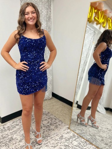 Mejores Azul real Cubierta Tirantes espagueti Corto Lentejuelas Terciopelo Corto Vestidos de fiesta
