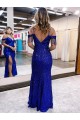 Mejores Azul real Cubierta Tirantes espagueti Cuello en V Lentejuelas Terciopelo Largo Vestidos de fiesta