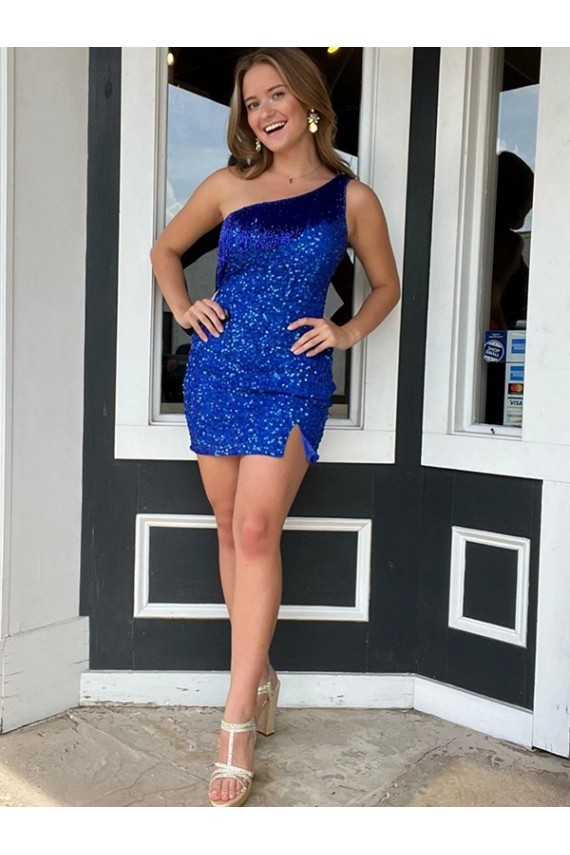 Mejores Azul real Cubierta Un Hombre Corto Lentejuelas Terciopelo Corto Vestidos de fiesta