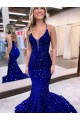 Mejores Azul real Sirena Cuello en V Cola corte Lentejuelas Terciopelo Largo Vestidos de fiesta