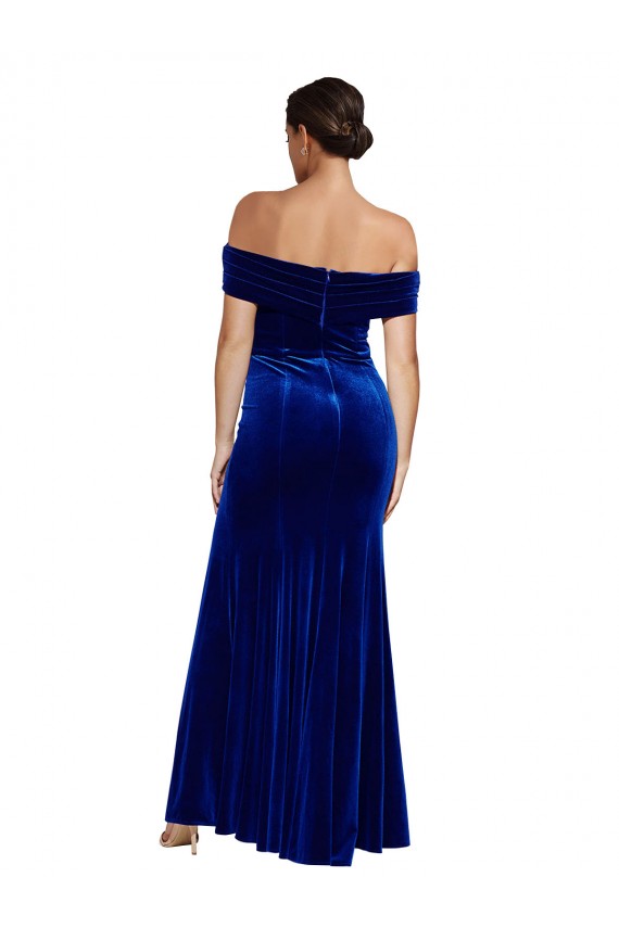 Mejores Azul real Sirena Hombros Descubiertos Terciopelo Elástico Largo Formales Vestidos de dama de honor / Vestidos de fiesta