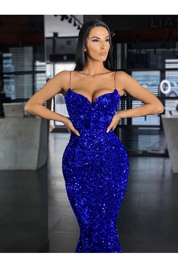 Mejores Azul real Sirena Tirantes espagueti Barrer tren Lentejuelas Terciopelo Largo Vestidos de fiesta