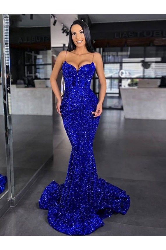 Mejores Azul real Sirena Tirantes espagueti Barrer tren Lentejuelas Terciopelo Largo Vestidos de fiesta