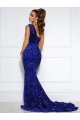 Mejores Azul real Sirena Un Hombre Cola corte Lentejuelas Terciopelo Largo Vestidos de fiesta