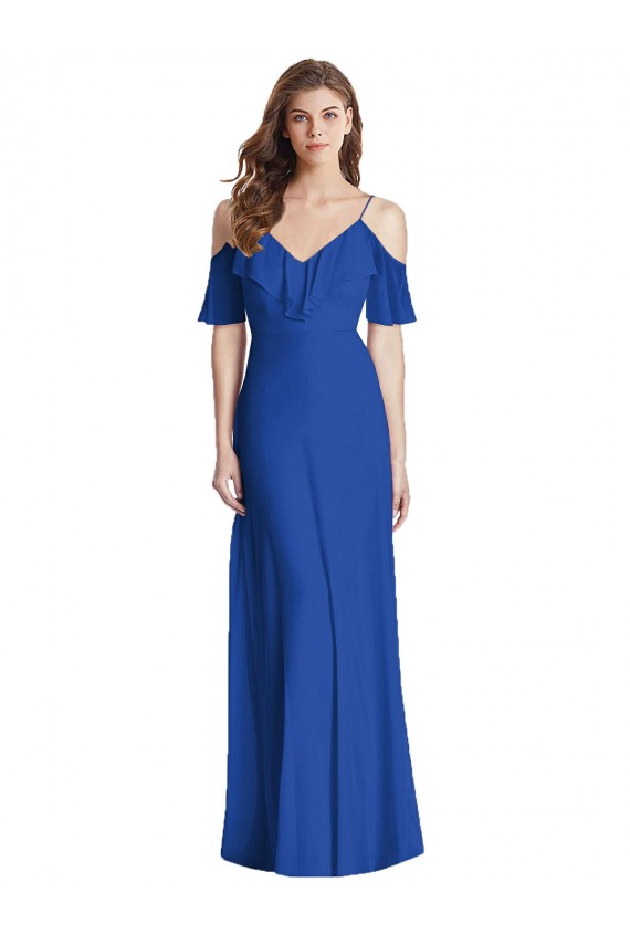 Mejores Azul real Trompeta Tirantes espagueti Cuello en V Gasa Largo Vestidos de dama de honor