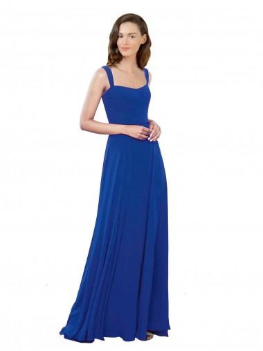 Mejores Azul real línea A Cuadrado Gasa Largo Vestidos de dama de honor