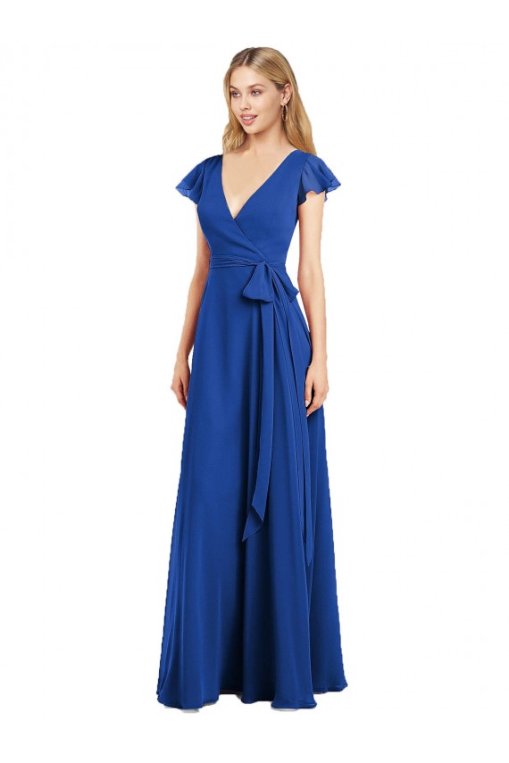 Mejores Azul real línea A Cuello en V Gasa Largo Vestidos de dama de honor