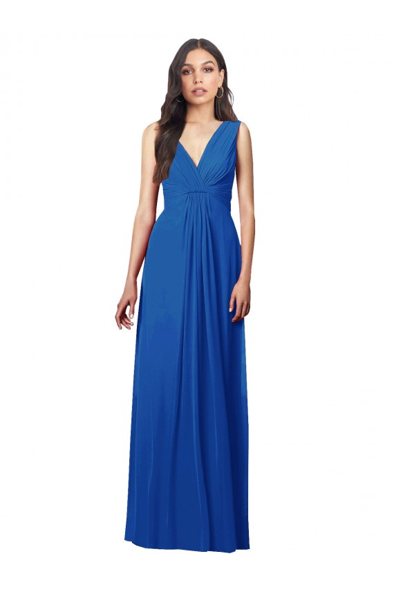 Mejores Azul real línea A Cuello en V Gasa Largo Vestidos de dama de honor