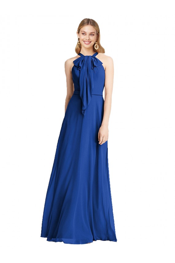 Mejores Azul real línea A Halter Gasa Largo Vestidos de dama de honor