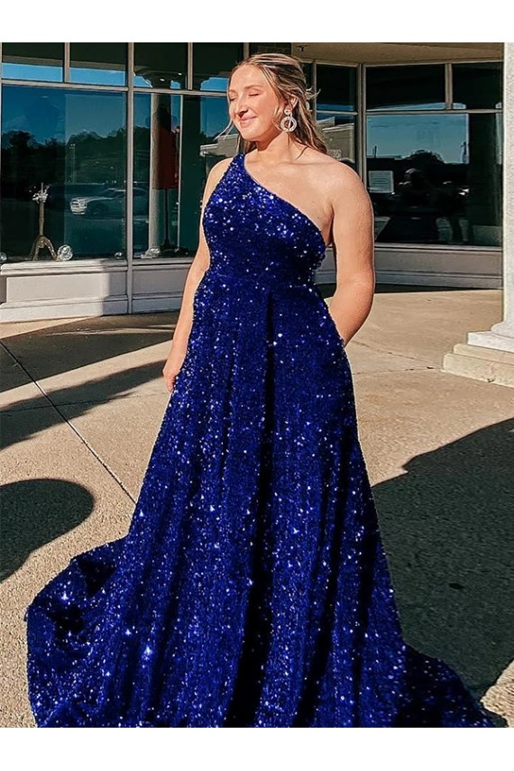 Mejores Azul real línea A Un Hombre Barrer tren Lentejuelas Terciopelo Largo Vestidos de fiesta
