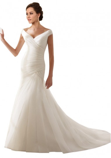 Mejores Blanco Cubierta Hombros Descubiertos Cola capilla Tul Vestidos de novia