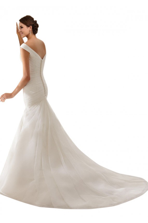 Mejores Blanco Cubierta Hombros Descubiertos Cola capilla Tul Vestidos de novia